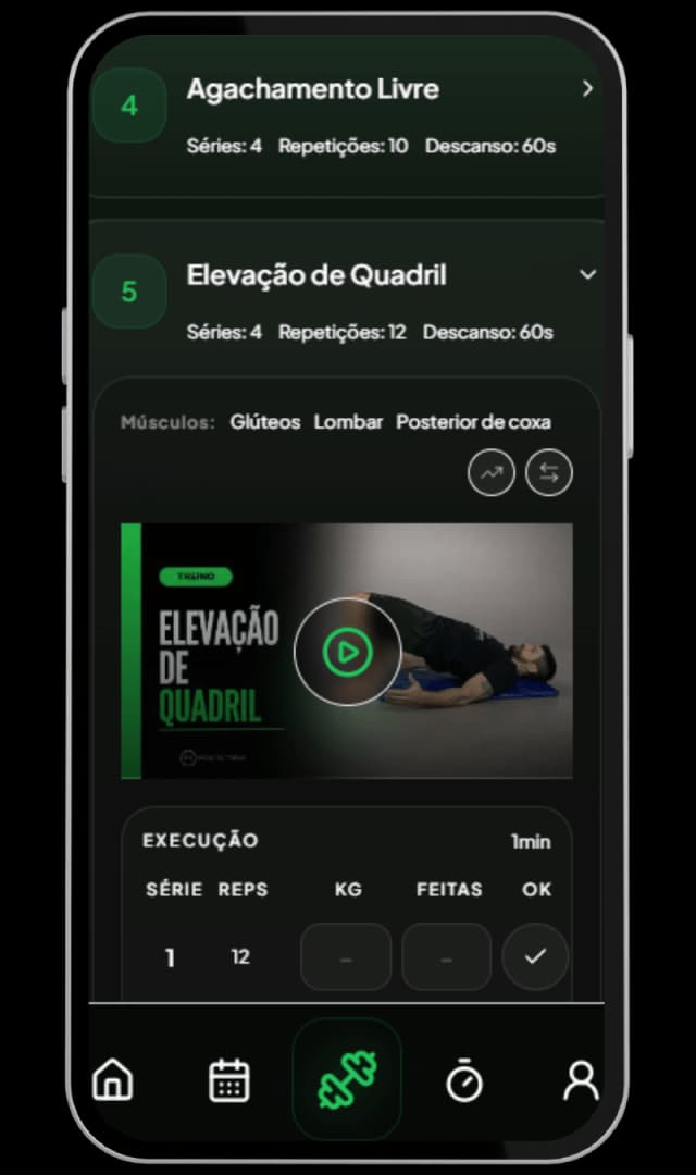 App de treino em casa Hora do Treino — tela do treino personalizado